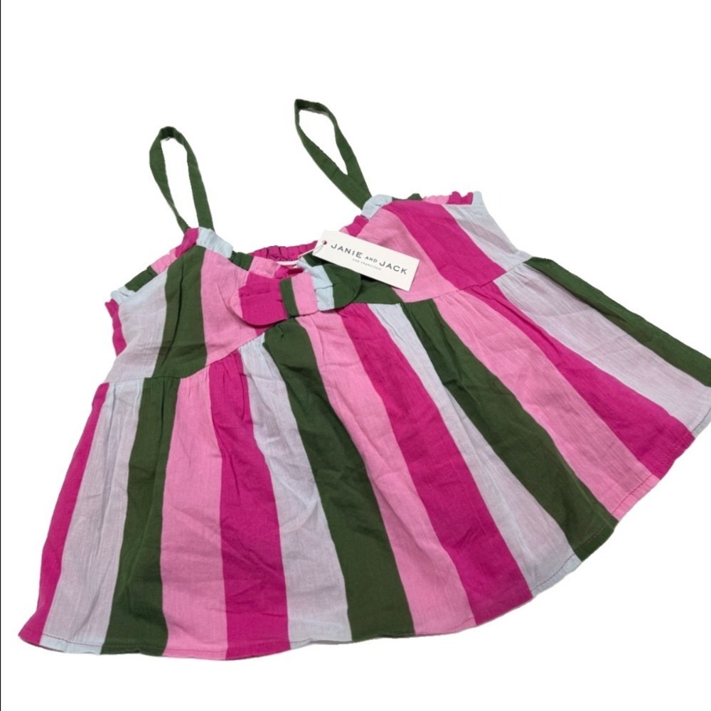 Janie and Jack Girls Pink Green Striped Smocked Bow Camisole Top Size 16 NWT